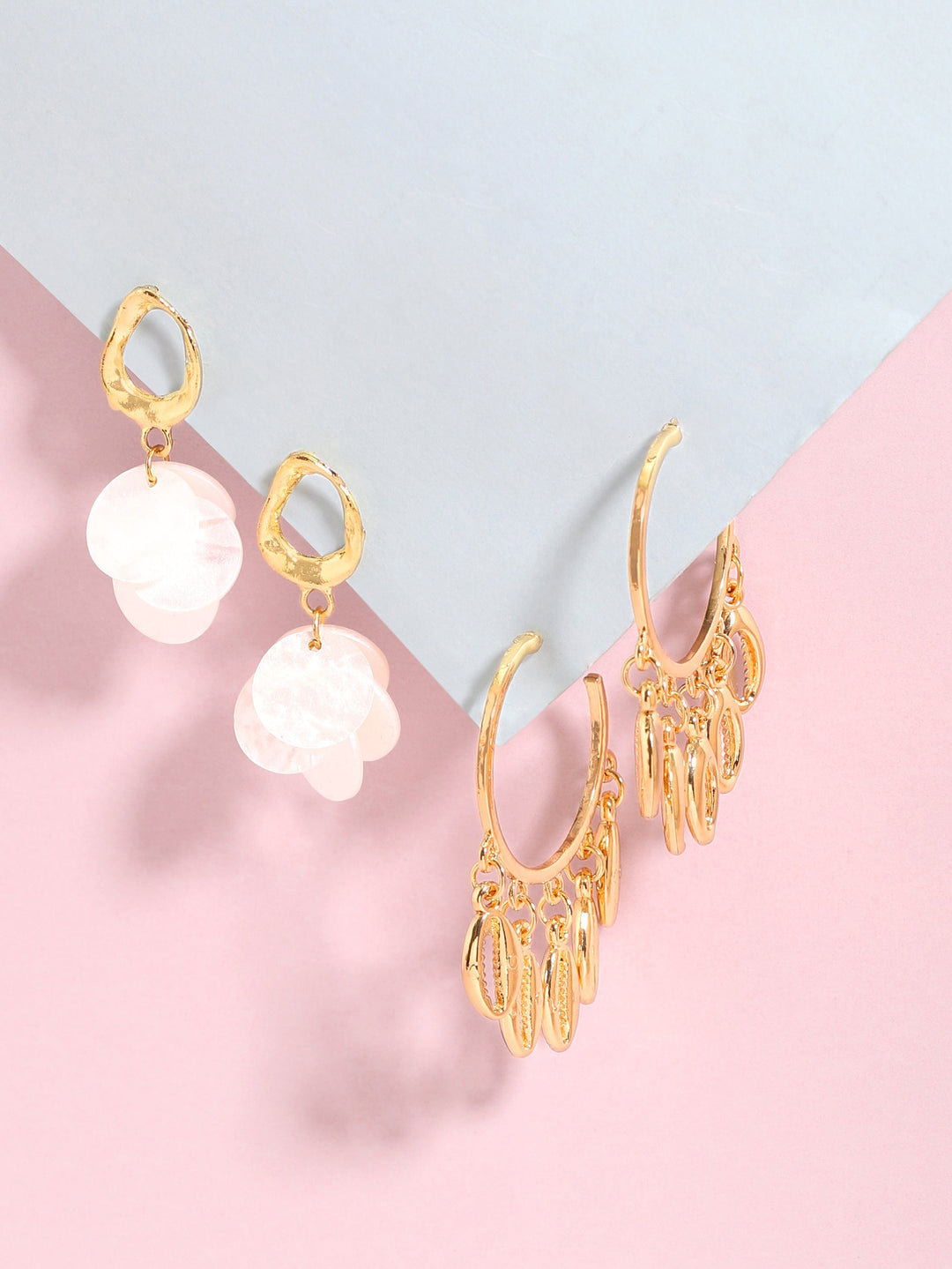 Rubans Voguish Set of 2, Gold Toned Shell Beaded Hoop & White Mother of Pearl Dangler Earrings. Earrings