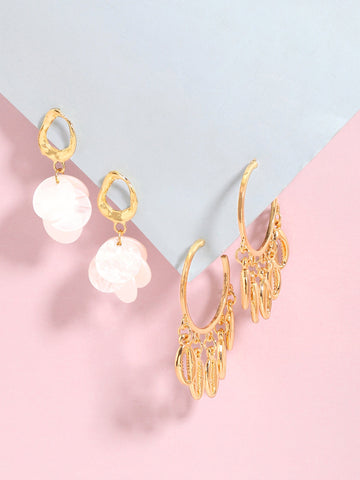 Rubans Voguish Set of 2, Gold Toned Shell Beaded Hoop & White Mother of Pearl Dangler Earrings. Earrings