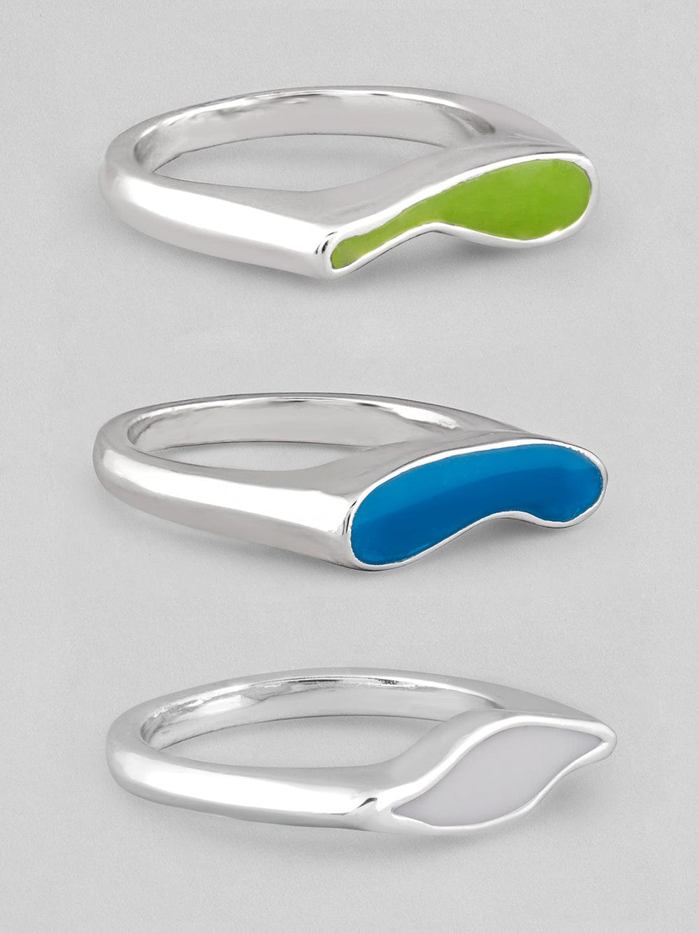 Rubans Voguish Set Of 3 Silver-Plated Blue White Enamel Finger Rings Rings