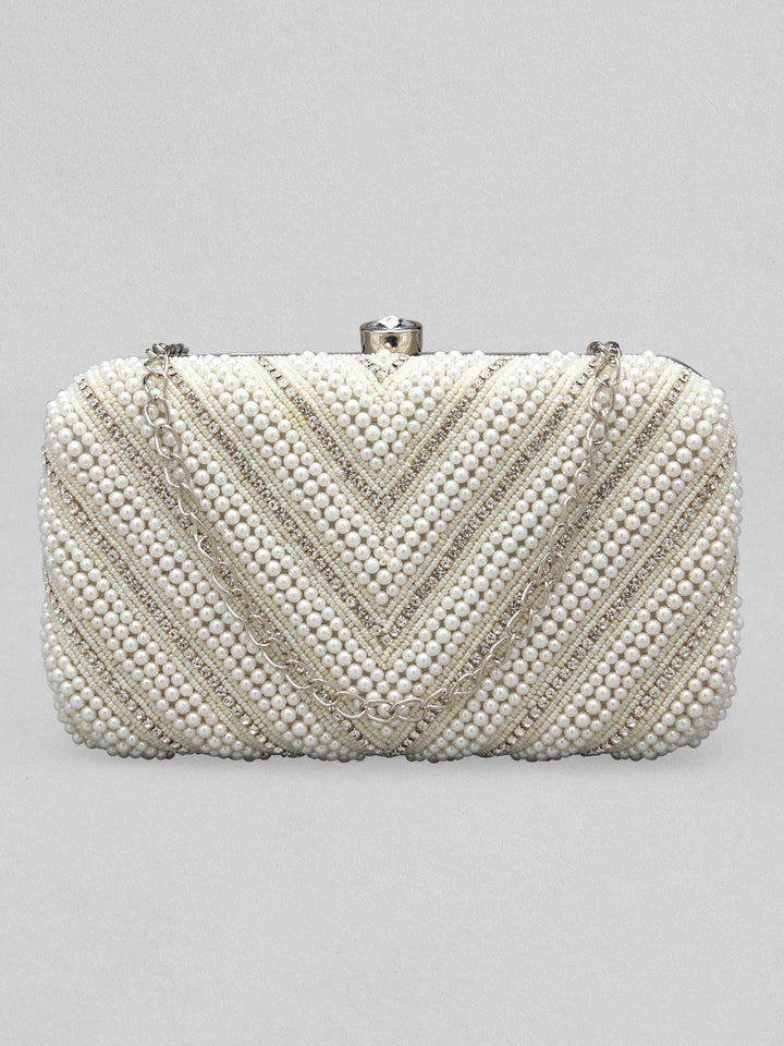 Rubans White And Cream Colour Box Clutch Sling Bag With Pearls And Embroided Design. Handbag & Wallet Accessories