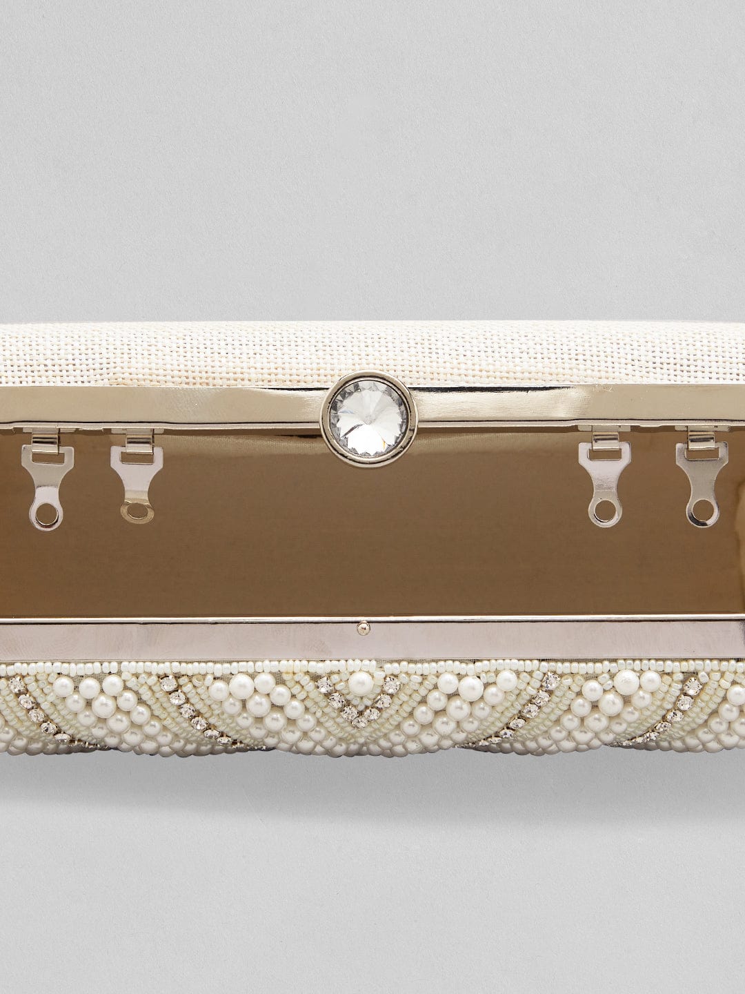 Rubans White And Cream Colour Box Clutch Sling Bag With Pearls And Embroided Design. Handbag & Wallet Accessories