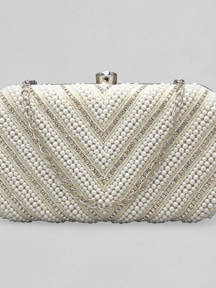 Rubans White And Cream Colour Box Clutch Sling Bag With Pearls And Embroided Design. Handbag & Wallet Accessories