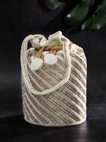 Rubans White Coloured Potli Bag With Golden Embroided Design. Handbag & Wallet Accessories