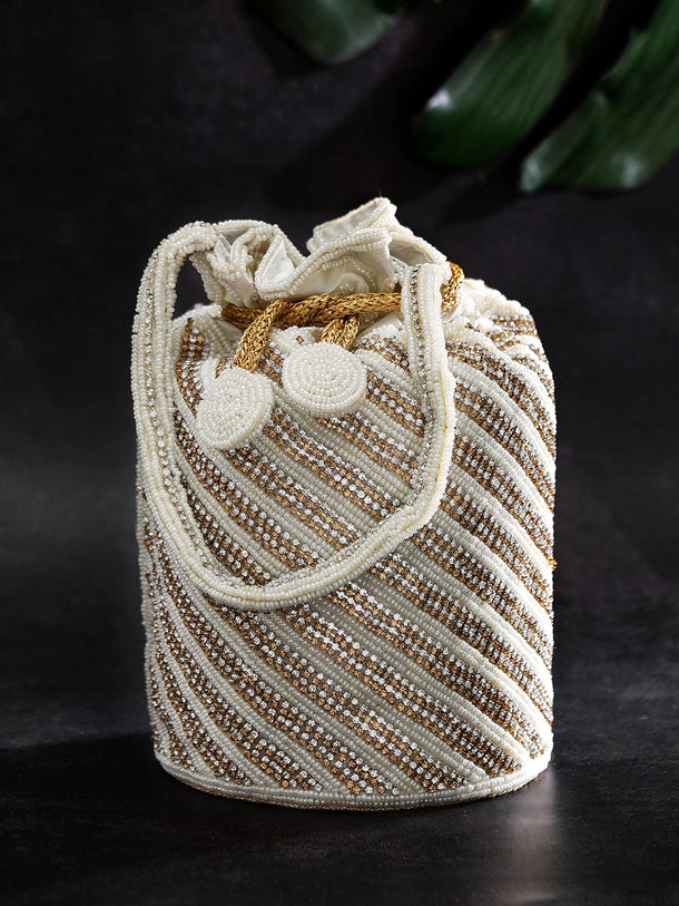 Rubans White Coloured Potli Bag With Golden Embroided Design. Handbag & Wallet Accessories