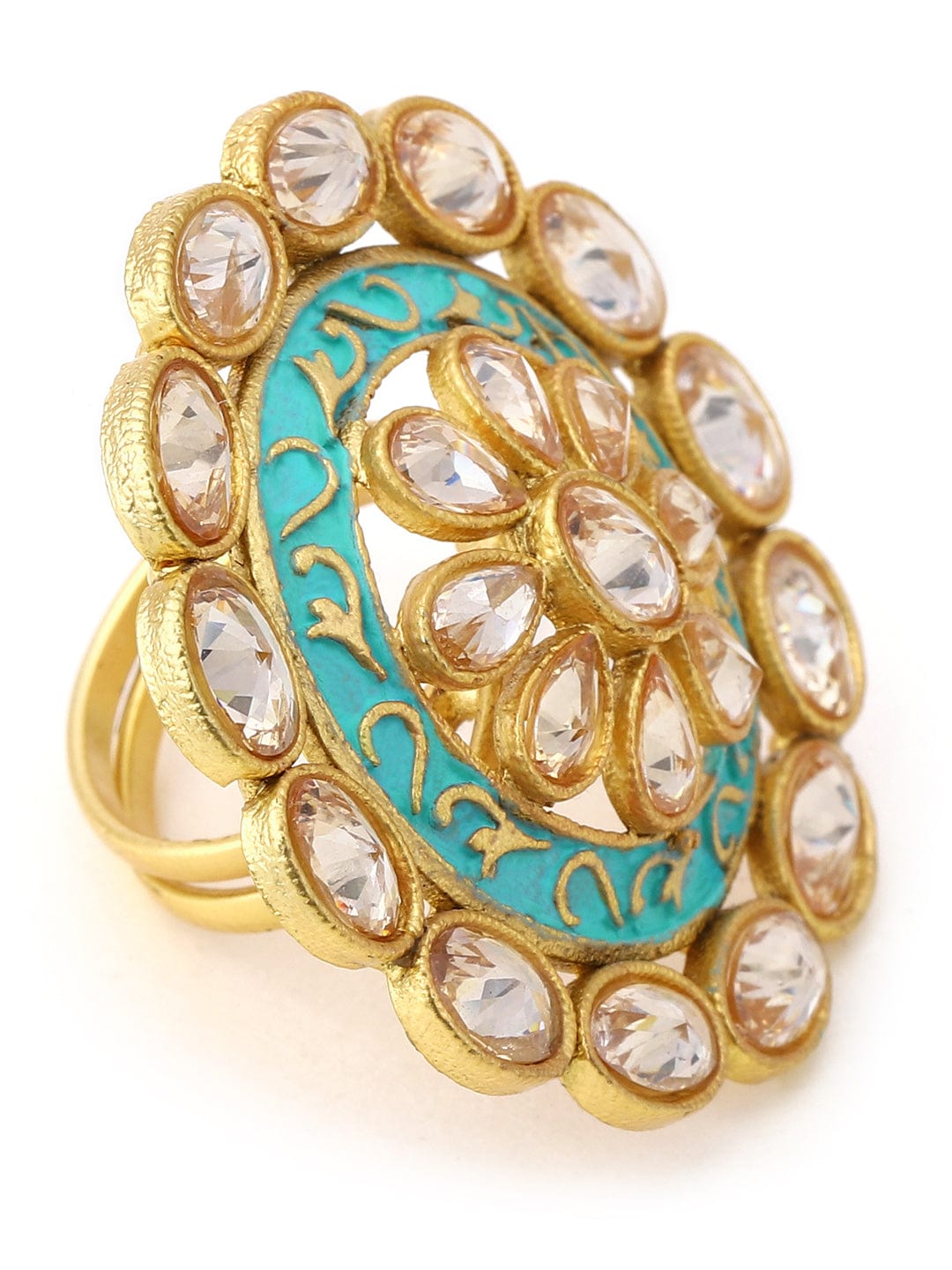 Rubans Women Gold-Plated & Sea Green Enamelled Kundan Handcrafted Finger Ring Rings