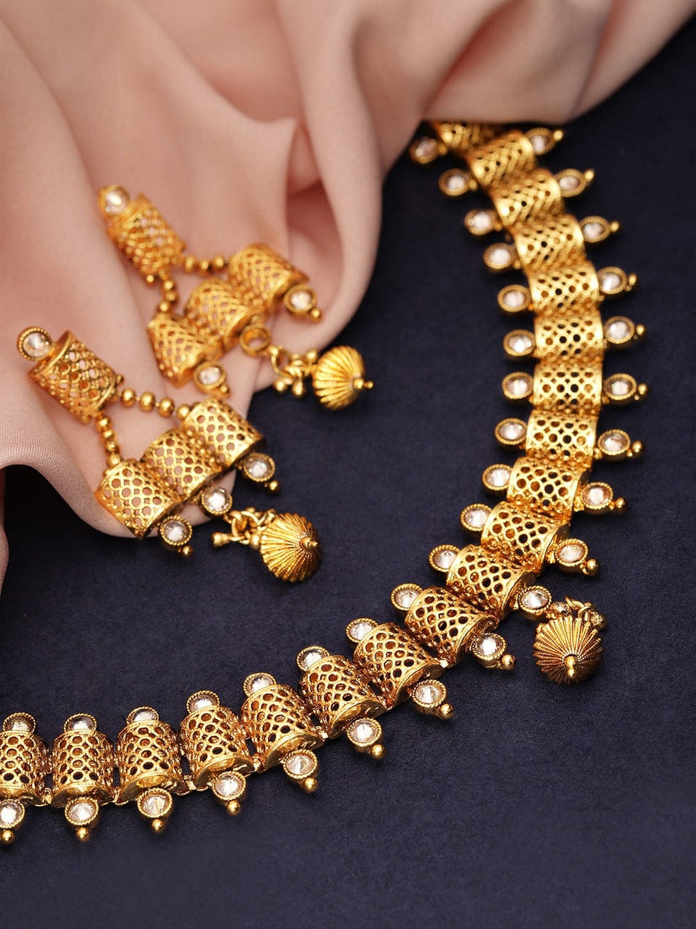 Rubans Women Gold-Plated & White Stone Embellished Handcrafted Filigree Jewellery Set Necklace Set