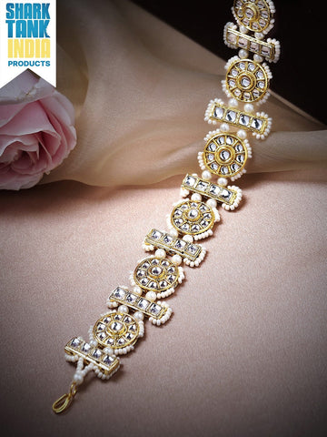 Rubans Women Gold-Plated White Stone Studded  Beaded Matha Patti HEAD JEWELLERY