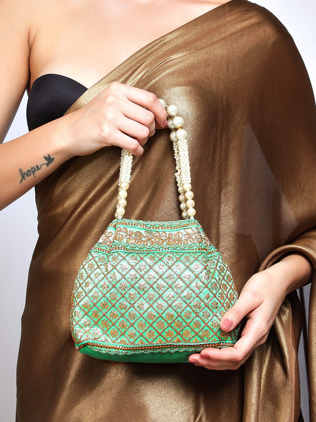 Rubans Women Green & Gold-Toned Embroidered Potli Clutch Handbag & Wallet Accessories