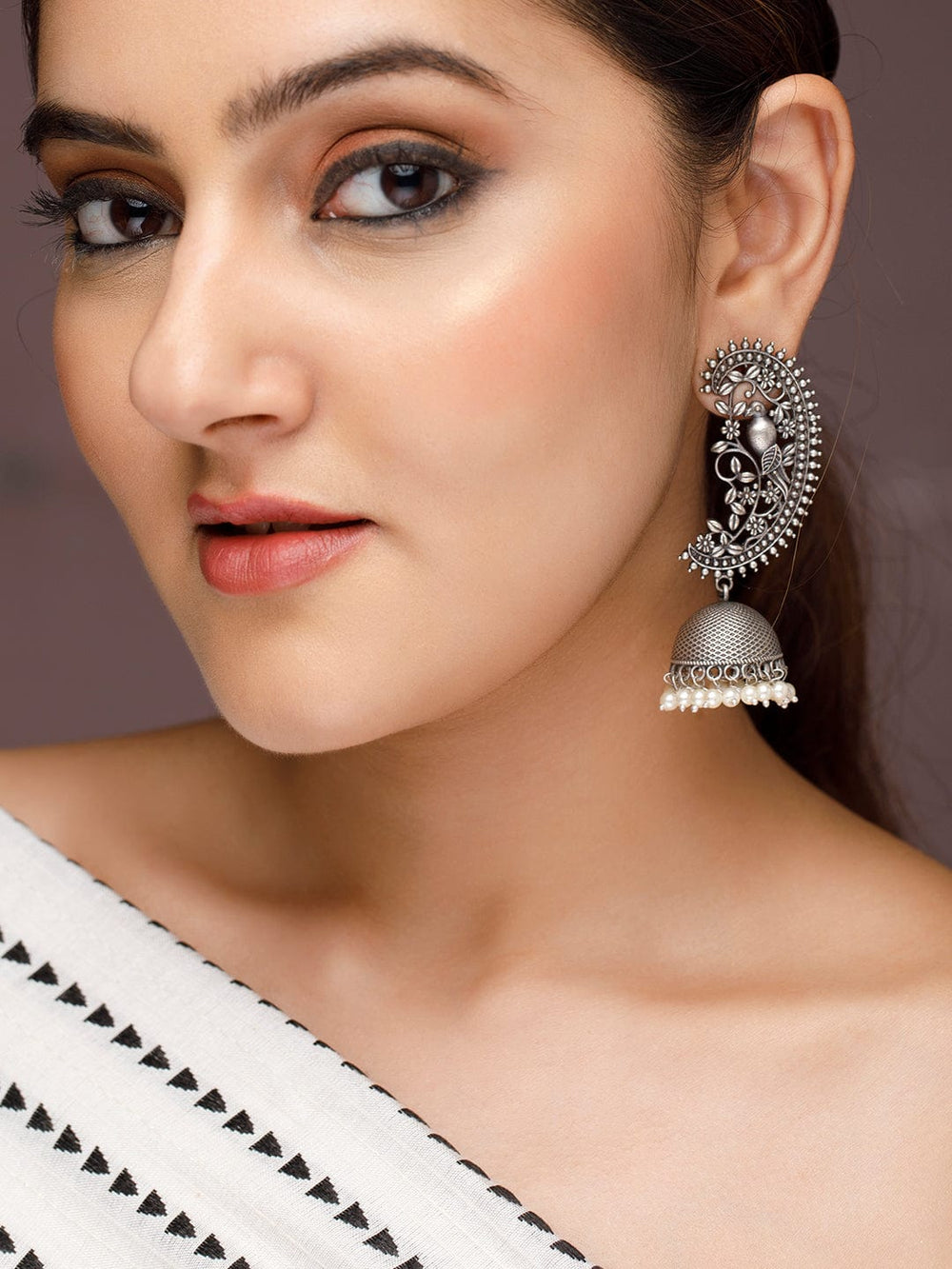 Rubans Women Silver-Toned Dome Shaped Jhumkas Earrings Earrings