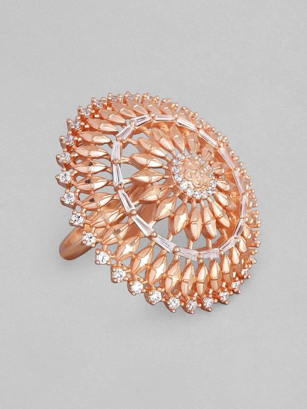 Rubans Zircon Studded Filigree Handcrafted Rose Gold Plated Broad Ring Rings
