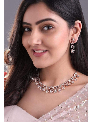 Rubans Zircon Studded Handcrafted Rose Gold Plated Statement Necklace Set Necklace Set