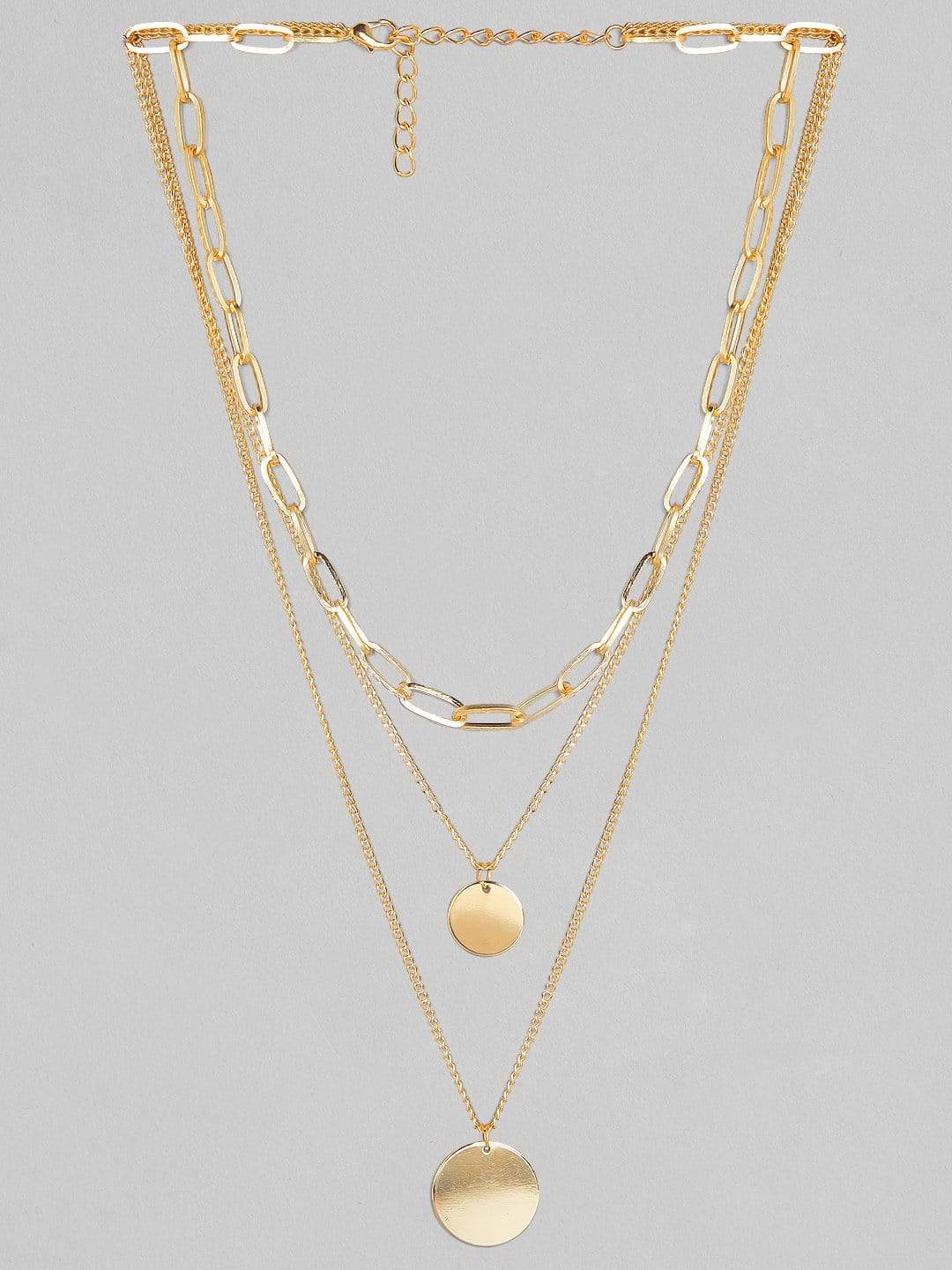 set of 2 necklaces gold plated layered and round pendant gold plated interlink chain necklaces