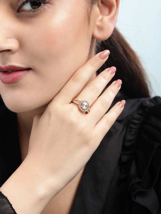 Rubans Gold Toned Handcrafted Zircon Finger Ring Rings