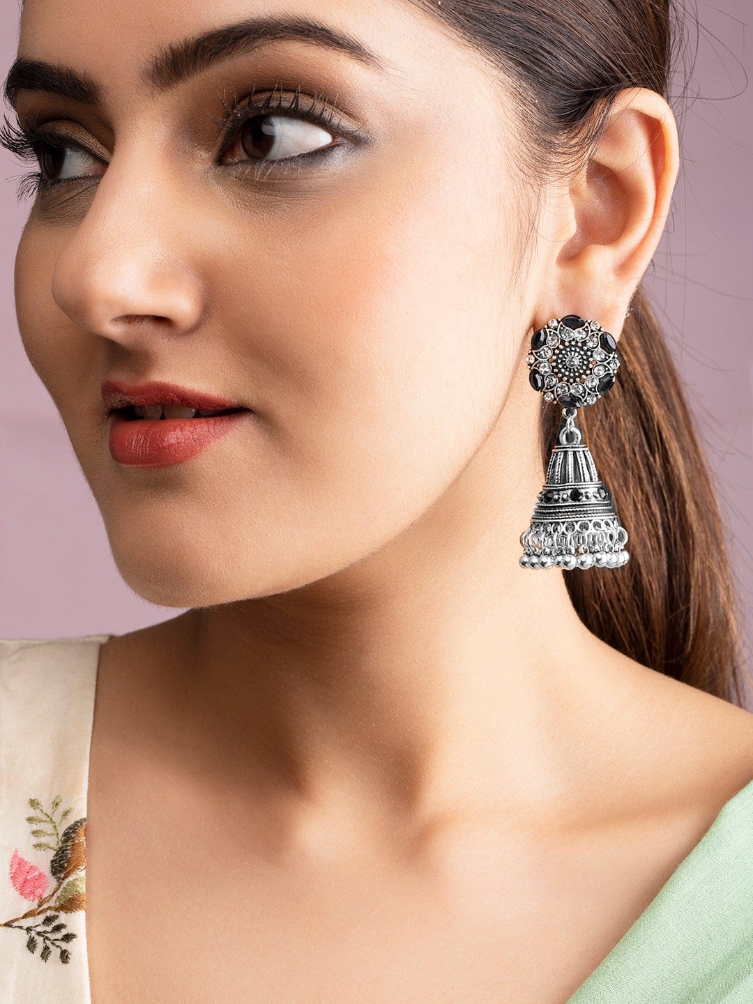 Tokyo Talkies X Rubans Oxidised Black Enameled Jhumka Earrings Earrings