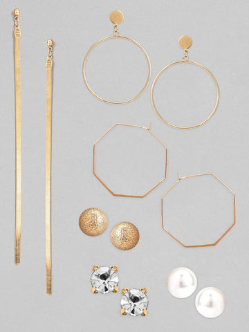 Rubans Set of 6 Gold Plated Studs, Hoop Earring And Shoulder Dusters Earrings