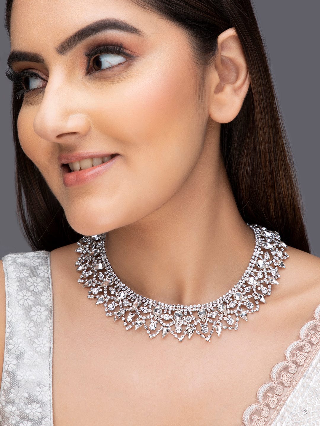 Tokyo Talkies X Rubans Silver Plated Necklace With Beautiful Design And Studded Stones. Chain & Necklaces